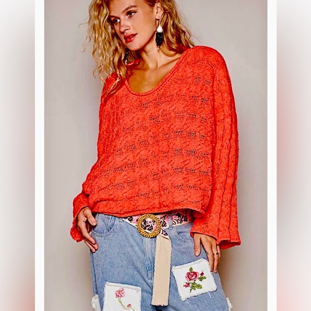 POL | Vibrant Orange Horizontal Cable Knit Slouch Sweater, Oversized Fit, Size S